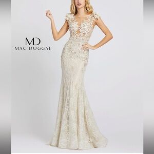 Mac Duggal 79268M Ivory and Nude Floral Applique Trumpet Gown Size 8